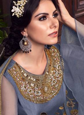 Grey net semi stitched wedding sharara kameez 4