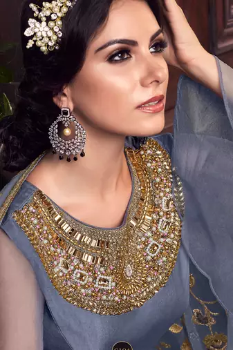 Grey net semi stitched wedding sharara kameez