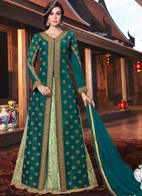 Green silk & net semi stitched wedding pakistani suit with jacket 1