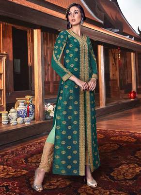 Green silk & net semi stitched wedding pakistani suit with jacket 2