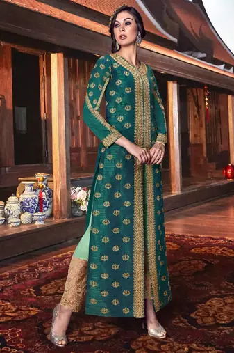 Green silk & net semi stitched wedding pakistani suit with jacket