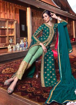 Green silk & net semi stitched wedding pakistani suit with jacket 3
