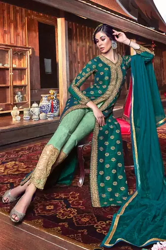 Green silk & net semi stitched wedding pakistani suit with jacket