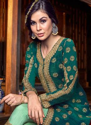 Green silk & net semi stitched wedding pakistani suit with jacket 4