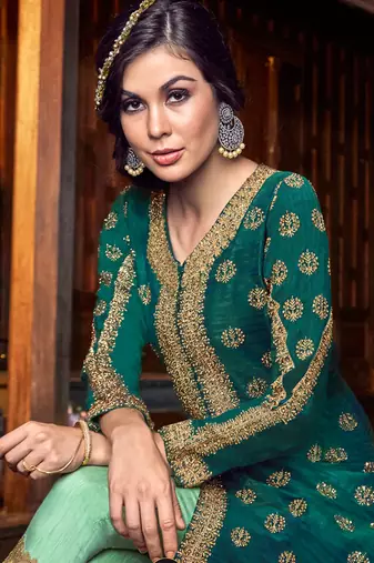 Green silk & net semi stitched wedding pakistani suit with jacket