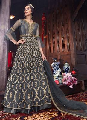 Grey net semi stitched gown anarkali churidar 1