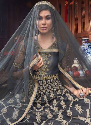 Grey net semi stitched gown anarkali churidar 2