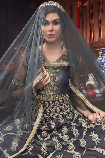Grey net semi stitched gown anarkali churidar