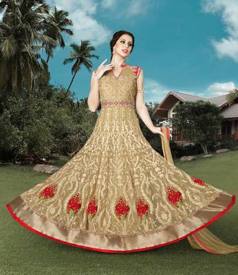Beige net semi stitched wedding gown anarkali 1