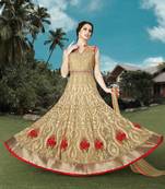 Beige net semi stitched wedding gown anarkali