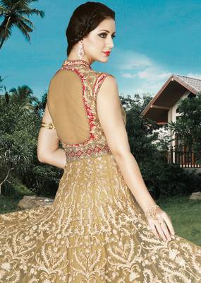Beige net semi stitched wedding gown anarkali 2