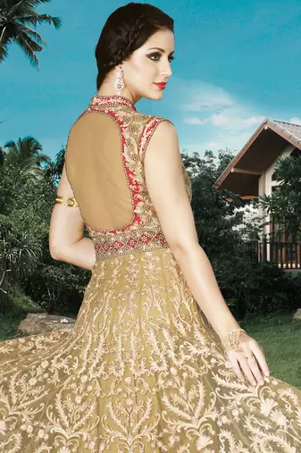 Beige net semi stitched wedding gown anarkali