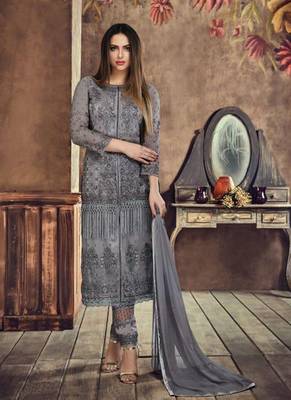Grey net semi stitched wedding pant style suit 1