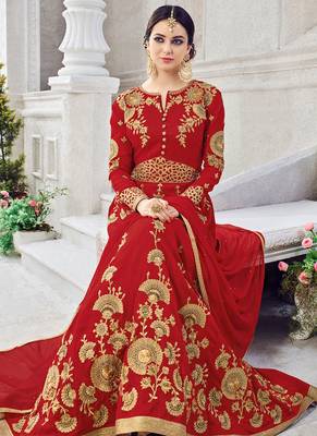 Red silk semi stitched wedding anarkali churidar 1