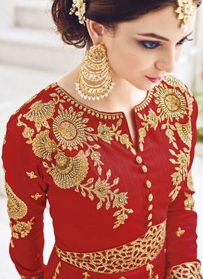 Red silk semi stitched wedding anarkali churidar 2