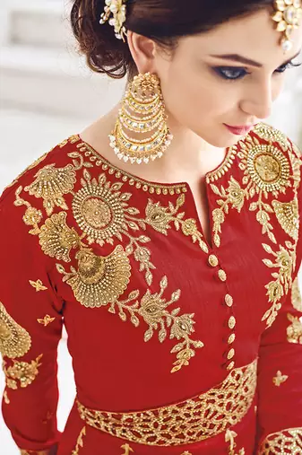 Red silk semi stitched wedding anarkali churidar