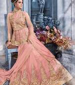 Pink net semi stitched wedding abaya style anarkali