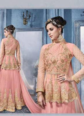 Pink net semi stitched wedding abaya style anarkali 2