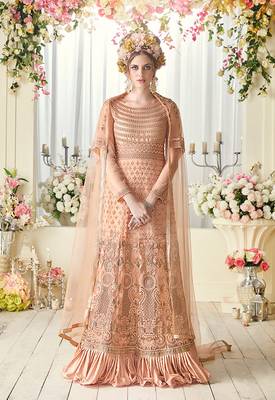 Peach net semi stitched wedding floor length anarkali 1