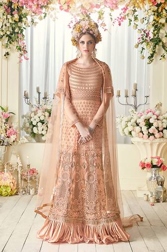 Peach net semi stitched wedding floor length anarkali