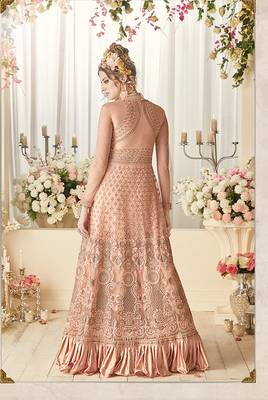 Peach net semi stitched wedding floor length anarkali 2