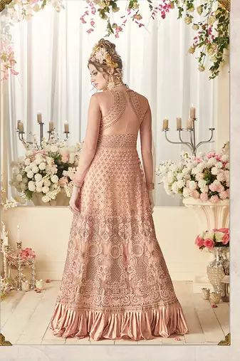 Peach net semi stitched wedding floor length anarkali
