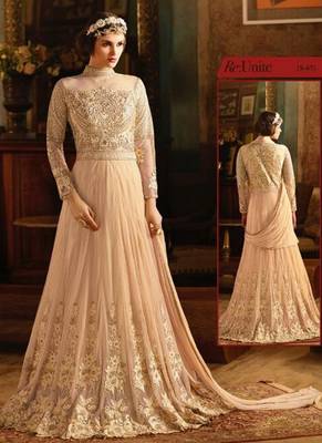 Pink net semi stitched wedding gown anarkali 1
