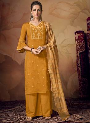 Mustard banarsi viscose semi stitched party palazzo suit 1