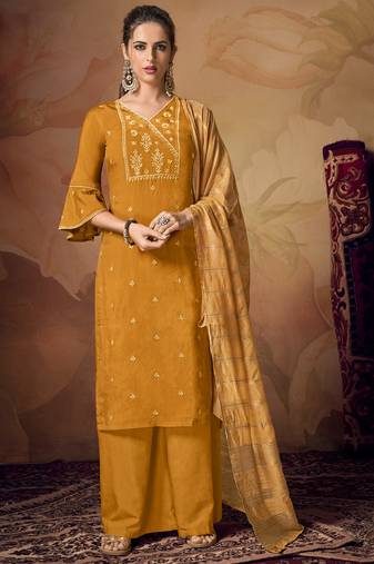 Mustard banarsi viscose semi stitched party palazzo suit