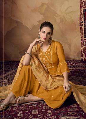 Mustard banarsi viscose semi stitched party palazzo suit 2