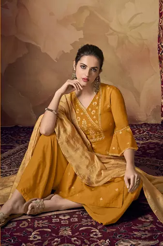 Mustard banarsi viscose semi stitched party palazzo suit