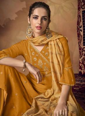Mustard banarsi viscose semi stitched party palazzo suit 3