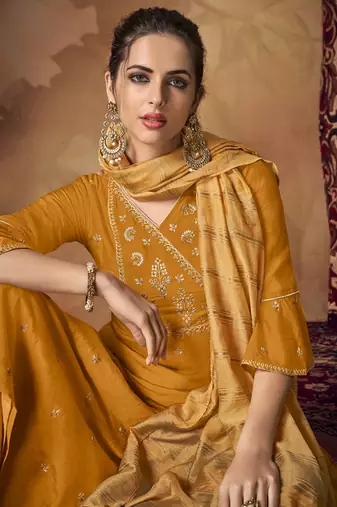 Mustard banarsi viscose semi stitched party palazzo suit