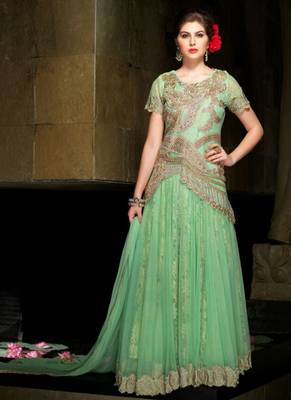 Green net semi stitched wedding gown anarkali 1