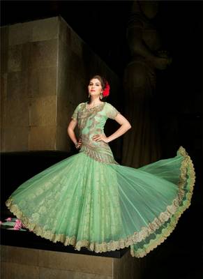 Green net semi stitched wedding gown anarkali 2