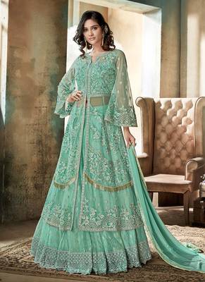 Sky blue net semi stitched wedding lehenga dress 1