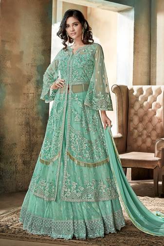 Sky blue net semi stitched wedding lehenga dress