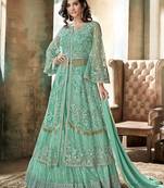 Sky blue net semi stitched wedding lehenga dress