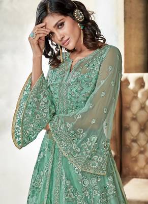Sky blue net semi stitched wedding lehenga dress 2
