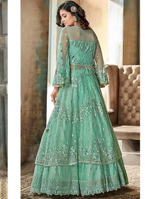 Sky blue net semi stitched wedding lehenga dress 3