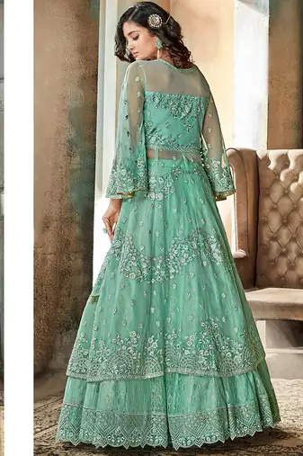 Sky blue net semi stitched wedding lehenga dress