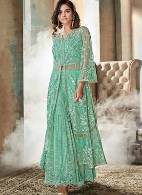 Sky blue net semi stitched wedding lehenga dress 4