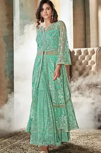 Sky blue net semi stitched wedding lehenga dress