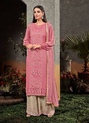 Pink georgette semi stitched wedding palazzo salwar kameez 1