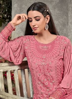 Pink georgette semi stitched wedding palazzo salwar kameez 2
