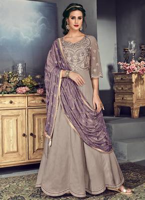 Grey tussar silk semi stitched wedding gown anarkali 1