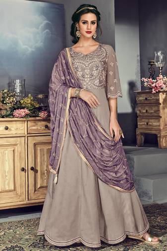 Grey tussar silk semi stitched wedding gown anarkali