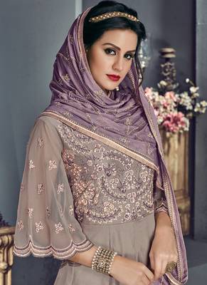 Grey tussar silk semi stitched wedding gown anarkali 2