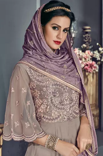 Grey tussar silk semi stitched wedding gown anarkali