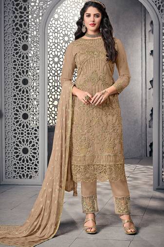Beige net semi stitched wedding pant suit